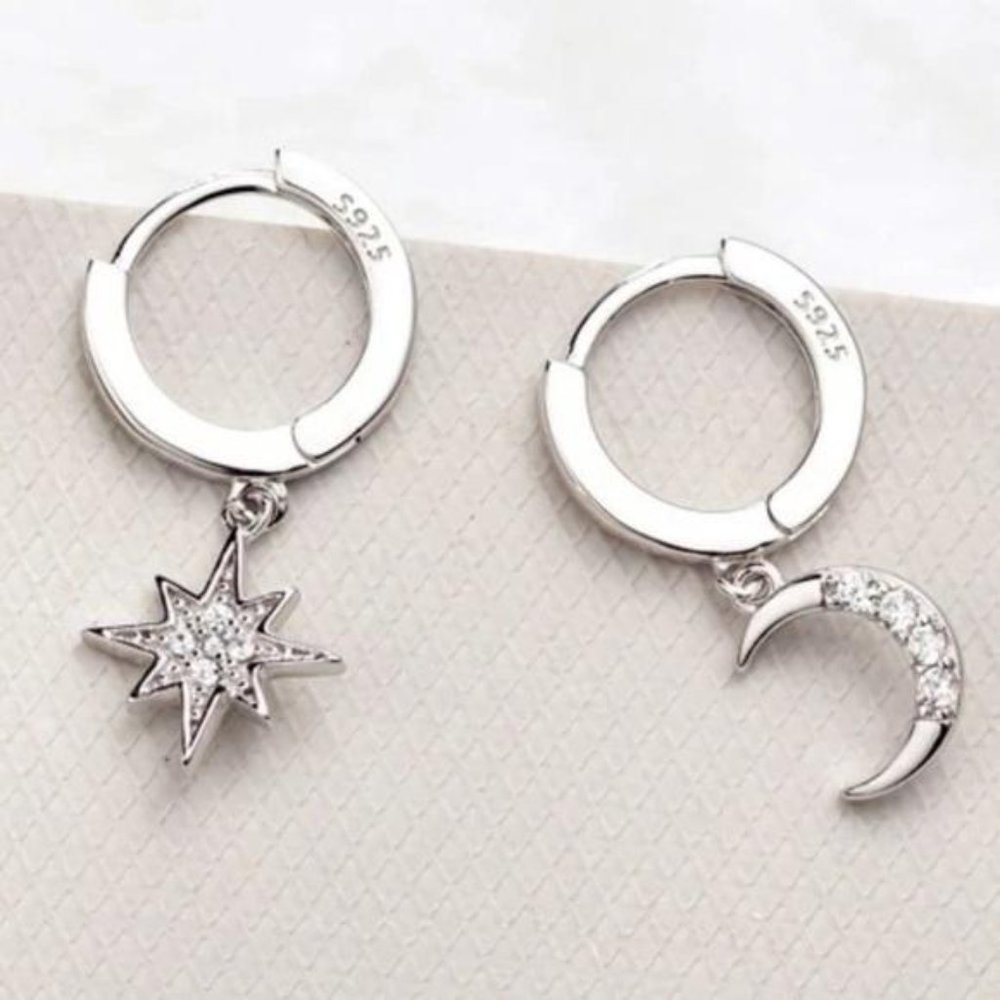 NEW 925 STERLING SILVER DIAMOND MOON STAR HOOPS, nice hoops, cute hoops - Picture 2 of 7